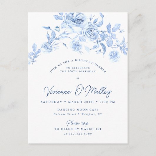 100e verjaardag Dinner Party Blauwe Bloemen Uitnodiging Briefkaart (Voorkant)