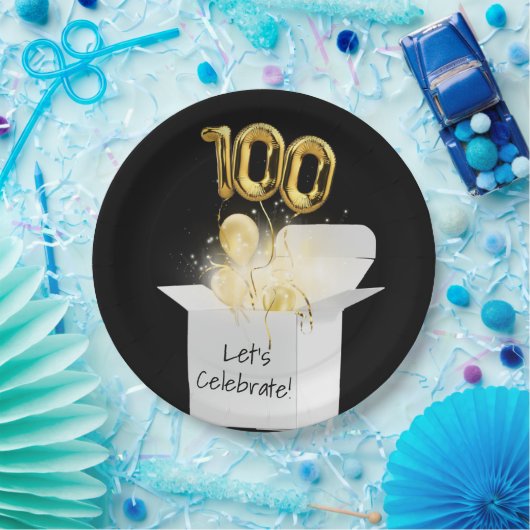 100e verjaardag goudballonnen in witte doos papieren bordje (Feest)