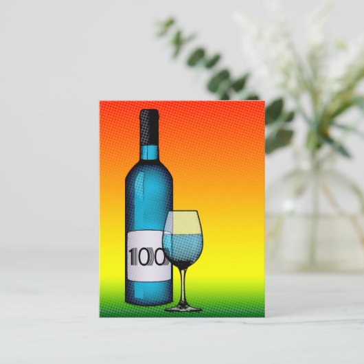100e verjaardag halftone wijnfles & glas briefkaart (Staand voorkant)