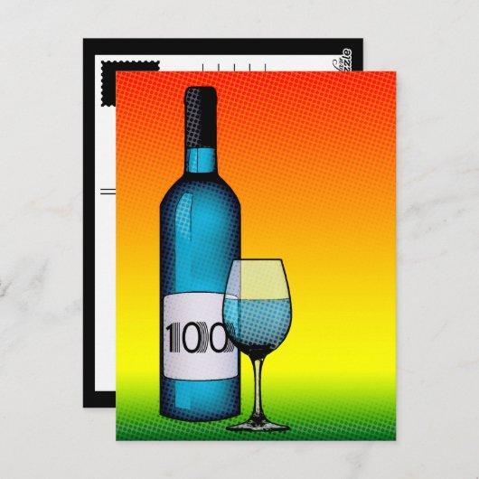 100e verjaardag halftone wijnfles & glas briefkaart (Voorkant / Achterkant)