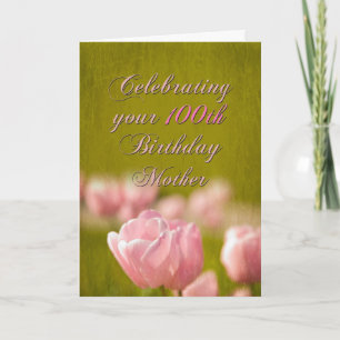 100e verjaardag moeder, lente roze tulpen op groen kaart