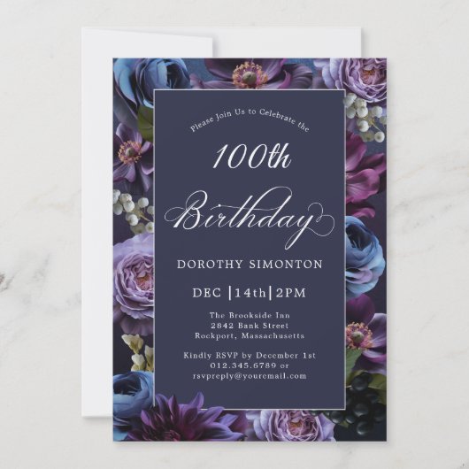 100e verjaardag Moody Paarse Bloemenuitnodiging Kaart (Voorkant)