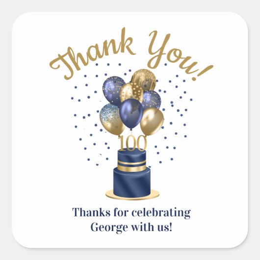 100e verjaardag Navy Blue Balloon Cake Bedankt Vierkante Sticker (Voorkant)