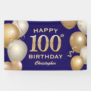 100e verjaardag Navy Blue en Gold Balloons Spandoek