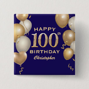 100e verjaardag Navy Blue en Gold Balloons Vierkante Button 5,1 Cm