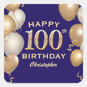 100e verjaardag Navy Blue en Gold Balloons Vierkante Sticker