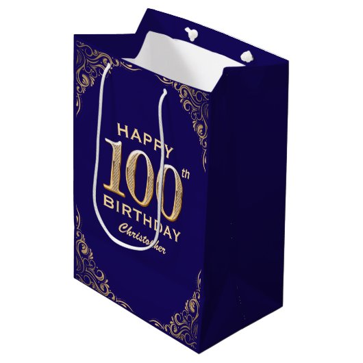 100e verjaardag Navy Blue en Gold Glitter Medium Cadeauzakje (Voorkant Gekanteld)