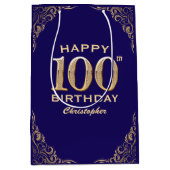 100e verjaardag Navy Blue en Gold Glitter Medium Cadeauzakje (Voorkant)
