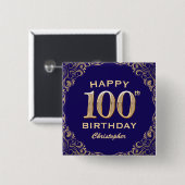 100e verjaardag Navy Blue en Gold Glitter Vierkante Button 5,1 Cm (Voorkant /achterkant)