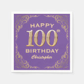 100e verjaardag Paars en goudglitter Lijst Servet (Voorkant)