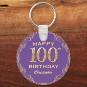 100e verjaardag Paars en goudglitter Lijst Sleutelhanger (Voorkant)