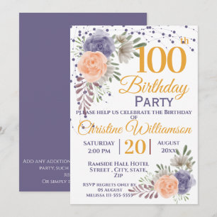 100e Verjaardag Party Floral Peony Paarse Kaart