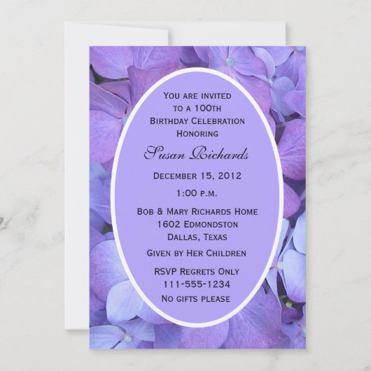 100e verjaardag Party uitnodiging Hydrangeas (Voorkant)