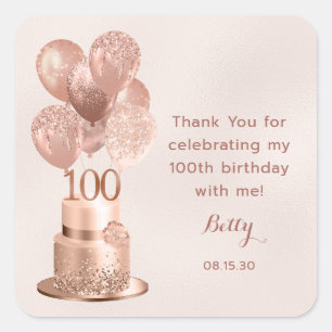 100e verjaardag Roos Gold Cake Hartelijk dank Vierkante Sticker