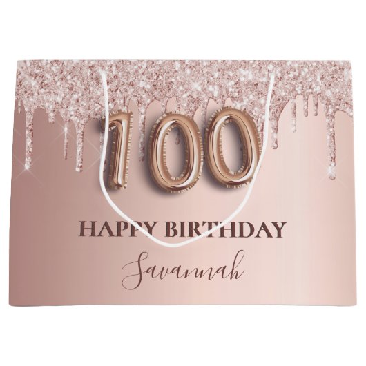 100e verjaardag roos goud glitter wazige roze groot cadeauzakje (Voorkant)