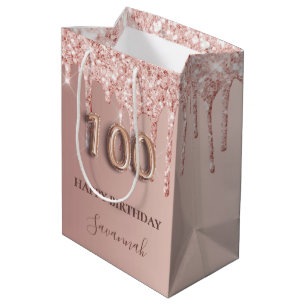 100e verjaardag roos gouden glitter roze ballon medium cadeauzakje