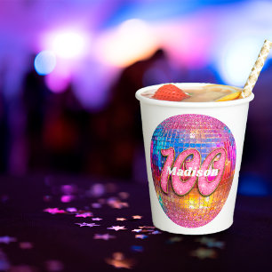 100e Verjaardag Roze Glitters Hippie 70s Disco Bal Papieren Bekers