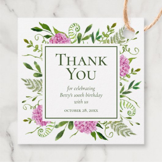 100e verjaardag Roze hydrangeas Hartelijk dank Bedankjes Labels (Achterkant)