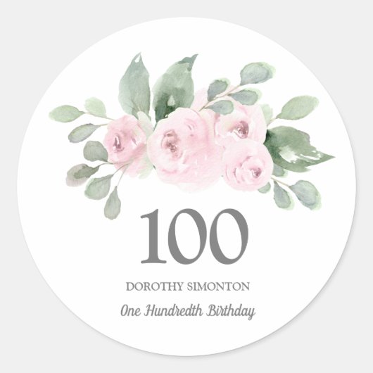 100e verjaardag Roze Rose Eucalyptus Ronde Sticker (Voorkant)