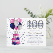 100e verjaardag roze taart uitnodiging (Staand voorkant)