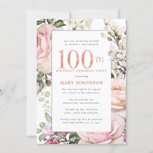 100e verjaardag Surprise Party Blush Pink Bloemen Kaart