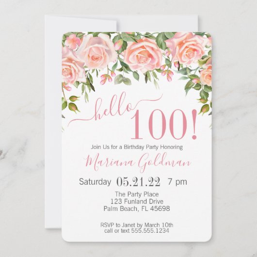 100e verjaardag Uitnodiging roze Floral Moderne Pa (Voorkant)