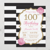 100e verjaardag uitnodiging Roze Zwart Goud Bloeme (Voorkant / Achterkant)