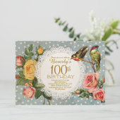 100e verjaardag Uitnodiging Rozen Bloemenvogels Bl (Staand voorkant)
