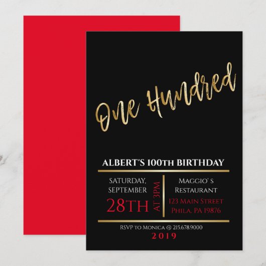 100e verjaardag van de uitnodiging van Gold Black (Voorkant / Achterkant)
