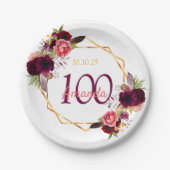 100e verjaardag van geo floral burgundy papieren bordje (Voorkant)