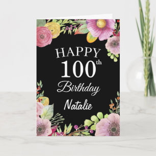 100e verjaardag Waterverf Floral Flowers Blac-kaar Kaart