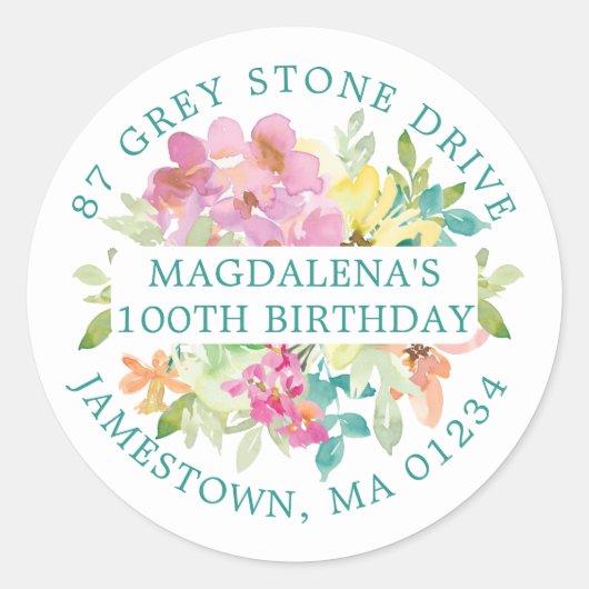 100e verjaardag zomer bloemen retour adres label (Voorkant)