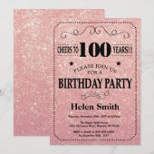 100e verjaardag Zwart en Roze Rose Gold Glitter Kaart (Voorkant / Achterkant)
