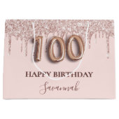 100e verjaardag zwart roze glitter druppelt roos g groot cadeauzakje (Voorkant)