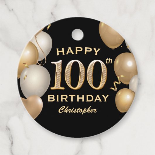100e verjaardag Zwarte en Gold-ballonnen Bedankjes Labels (Voorkant)