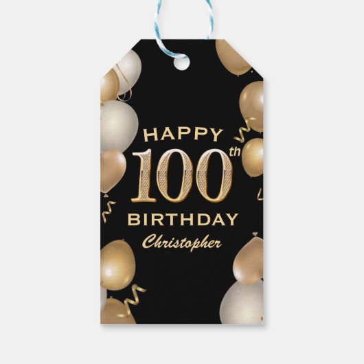 100e verjaardag Zwarte en Gold-ballonnen Cadeaulabel (Achterkant)