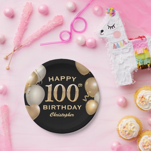 100e verjaardag Zwarte en Gold-ballonnen Papieren Bordje (Feest)