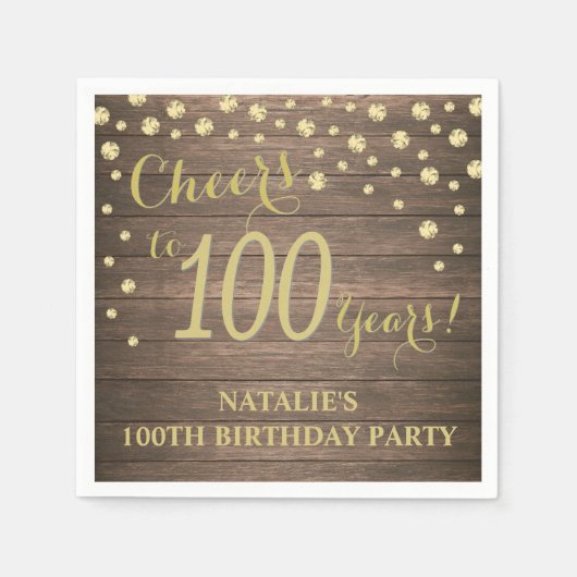 100e verjaardagsfeest rustiek hout en gouden diama servet (Voorkant)