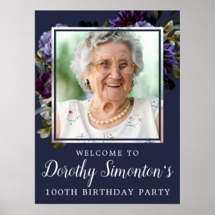 100e Verjaardagsfoto Moody Paarse Bloemen Welkom Poster