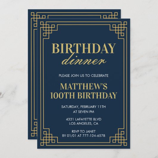 100e verjaardagsuitnodiging Verjaardagsdiner Manne Kaart (Voorkant / Achterkant)