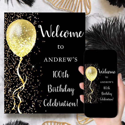 100ste | Black & Gold Glitter Verjaardag Welkom Poster