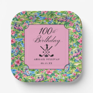 100ste verjaardag golf roze groene preppy print papieren bordje