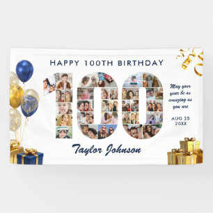 100ste Verjaardag Nummer 100 Fotocollage Wit Goud Spandoek