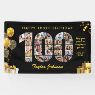 100ste verjaardag Nummer 100 Fotocollage Zwart Gou Spandoek