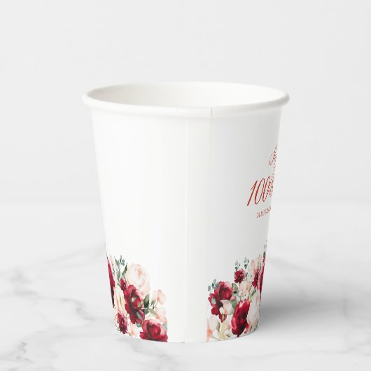 100ste Verjaardag Party Red Rose Pink Peony Custom Papieren Bekers (Rechts)