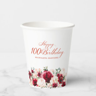100ste Verjaardag Party Red Rose Pink Peony Custom Papieren Bekers