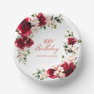 100ste Verjaardag Party Rood Roze Bloemen Custom Papieren Kommen