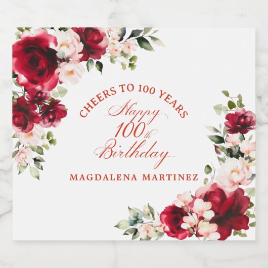 100ste Verjaardag Party Rood Roze Bloemen Custom Sparkling Wijnetiket (Enkel label)