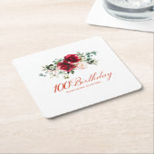 100ste Verjaardag Party Rood Roze Bloemen Custom Vierkante Kartonnen Onderzetter (Schuin)