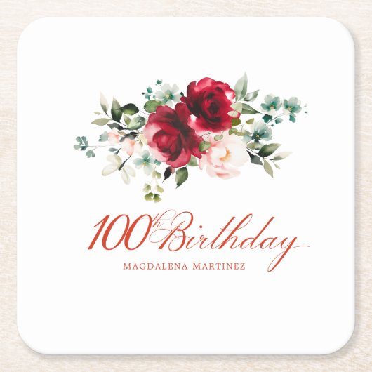 100ste Verjaardag Party Rood Roze Bloemen Custom Vierkante Kartonnen Onderzetter (Voorkant)